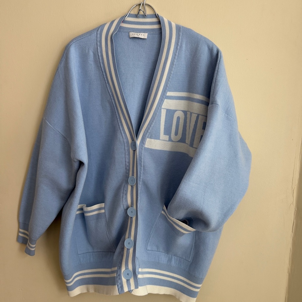 Sandro Paris Opera ‘LOVE’ Varsity Light Blue Cardigan Sweater